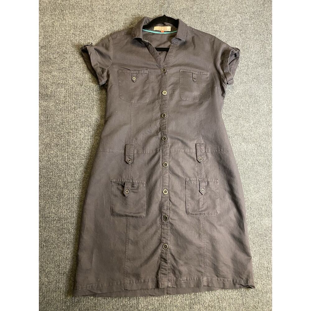 Cache Cache Linen Shirt Dress Grey Collared Button Pockets Short Sleeve Size 40
